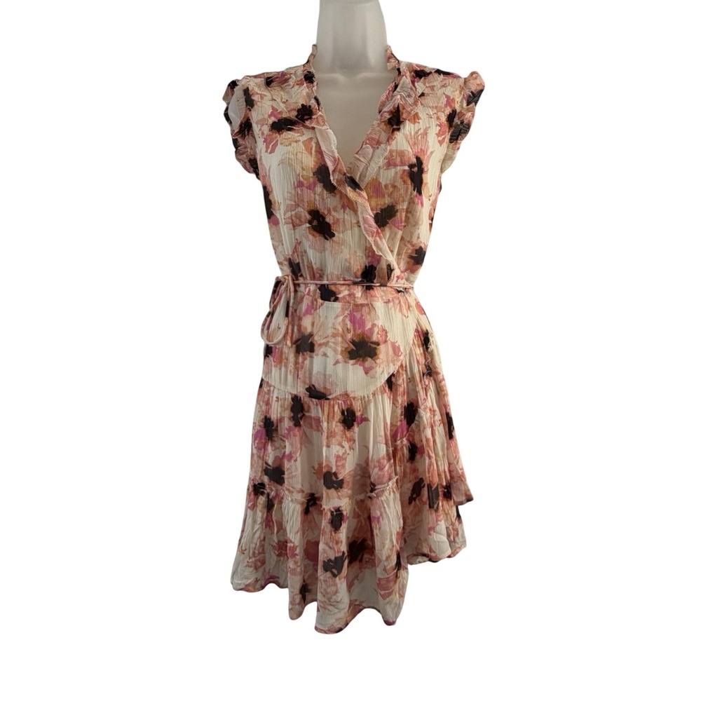 AllSaints Marie Stellae Wrap Dress Womens 4 White Pink Floral Ruffle Tiered Mini